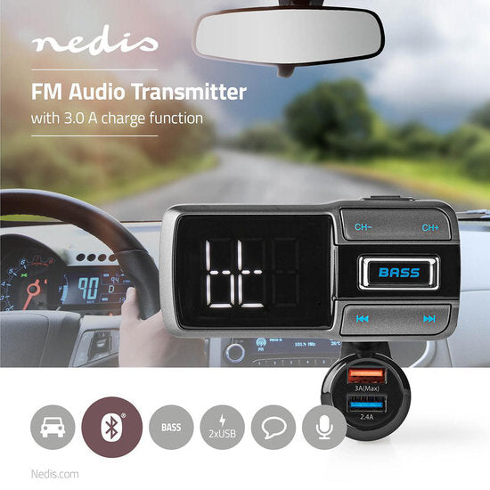 FM-Transmitter voor in de Auto | Bluetooth® | Bass Boost | microSD-Kaartsleuf | Handsfree Bellen | Spraakbediening | 3,0 A / 2,4 A