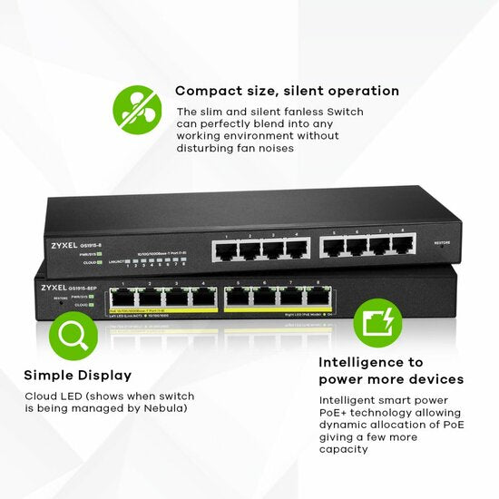 Zyxel GS1915-8EP Managed L2 Gigabit PoE+ Switch | 8 Poorten | NebulaFlex | Zwart