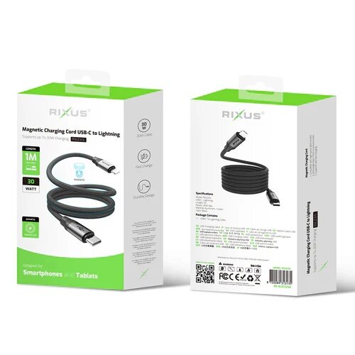 Rixus RXUC61L Magnetic Charging Cord USB-C To Lightning 100CM 30W Black