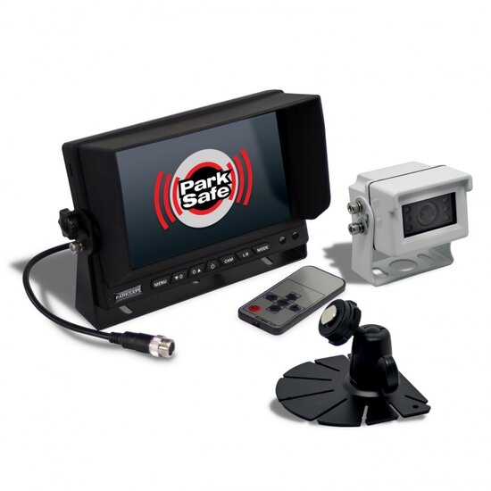 Achteruitrijcamera set met 7 inch kleurenmonitor en heavy duty mini camera wit.