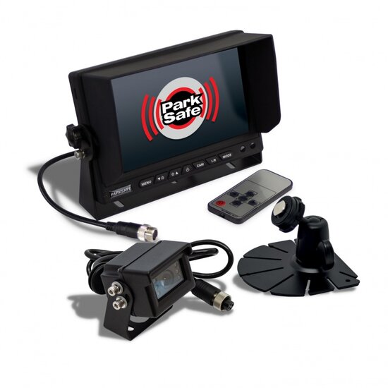 Achteruitrijcamera set met 7 inch kleurenmonitor en heavy duty mini camera zwart.